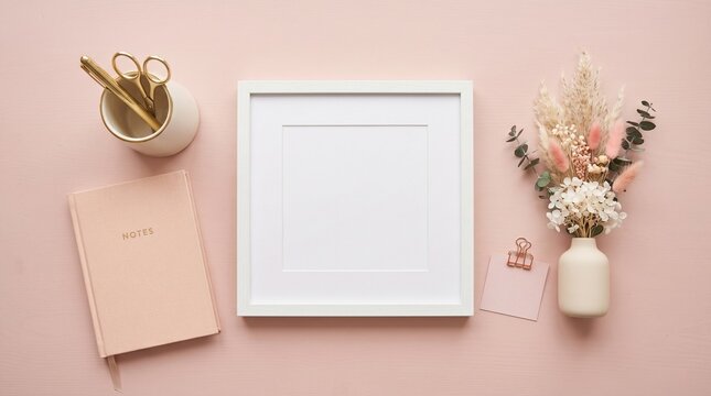 Feminine Flat Lay Pink Desk with White Square Frame Mockup, Gold Scissors Notes Journal Dried Flowers and Pampas Grass in Vase, Romantic Girly Workspace Layout for Art and Poster Display