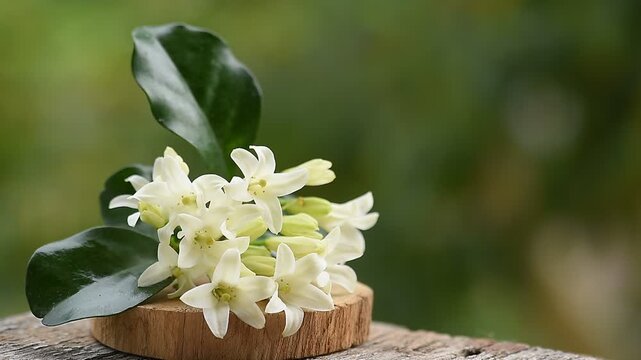 Andaman satinwood or Murraya paniculata branch flowers and green leaves on natural backgroud.
