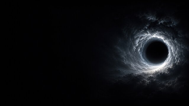 Abstract black hole in deep outer space with cosmic vortex and glowing particles, futuristic universe background, dark galaxy swirl concept with copy space for sci fi banners