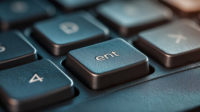 Close up view of keyboard with emphasis on enter key for technology and productivity themes