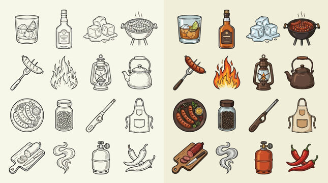 Collection of barbecue and grilling icons, both in color and outline versions, for food and outdoor cooking themes.