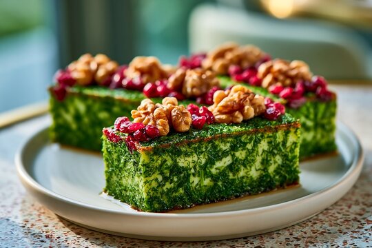 Slices of kuku sabzi egg food with walnuts and pomegranate seeds
