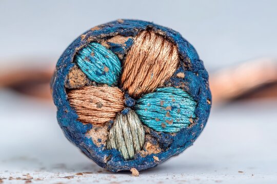 Close up of isolated electrical cable cross section showing colorful wires and insulation