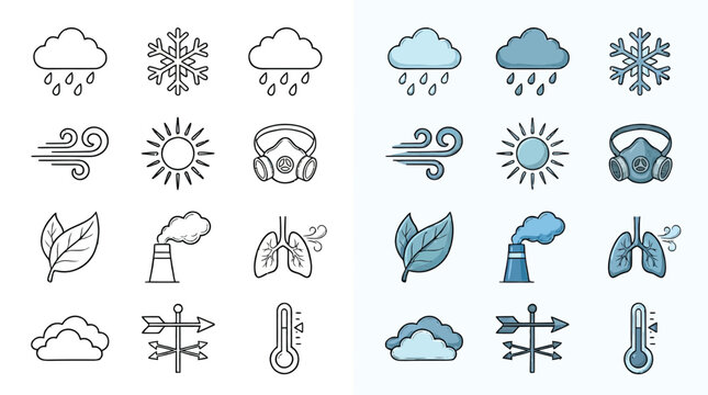 Set of icons representing weather conditions, air pollution, and health, with both outline and colored versions.