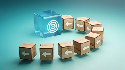 Fototapeta premium Wooden cubes arranged in a circular pattern, moving towards a central transparent cube with target symbol