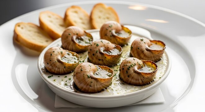 French Escargot Appetizer Served with Herb Butter and Toasted Bread Slices