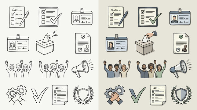 Set of icons representing voting, elections, and civic participation with different styles.