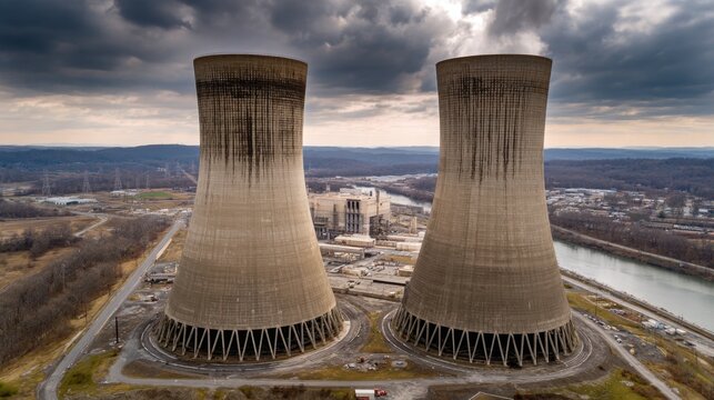 Aerial view of two massive concrete cooling towers at power plant