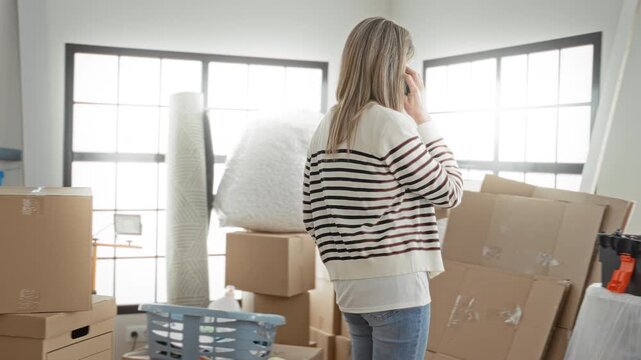 Woman holding smartphone to ear among packed moving boxes and bubblewrap in a building; relocation concern.