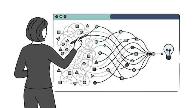A woman drawing on a board to untangle chaotic lines and shapes into a single idea, vector illustration.