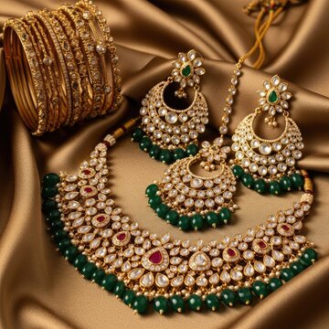Exquisite Indian Bridal Jewelry Set with Emeralds and Diamonds.