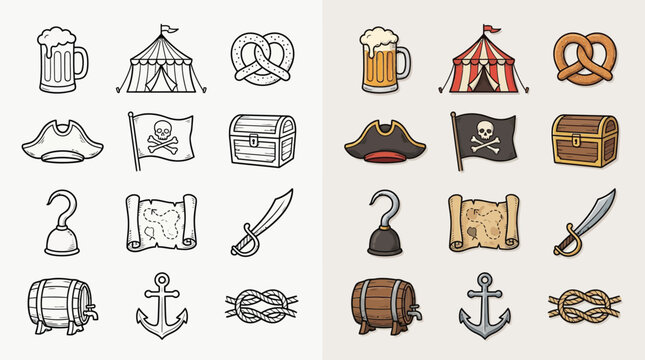 Collection of pirate-themed icons and symbols in both line art and colored versions, representing adventure and treasure hunting.