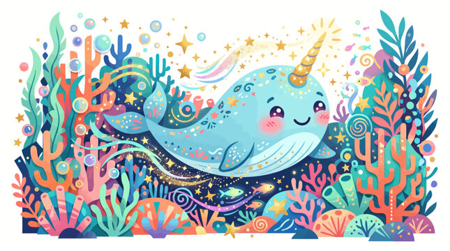 A cute blue narwhal swims through a colorful underwater coral reef with floating bubbles and stars, vector illustration.