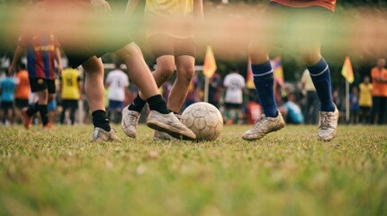 Youth soccer players competing in a match on a grass field during a sunny afternoon youth sports tournament