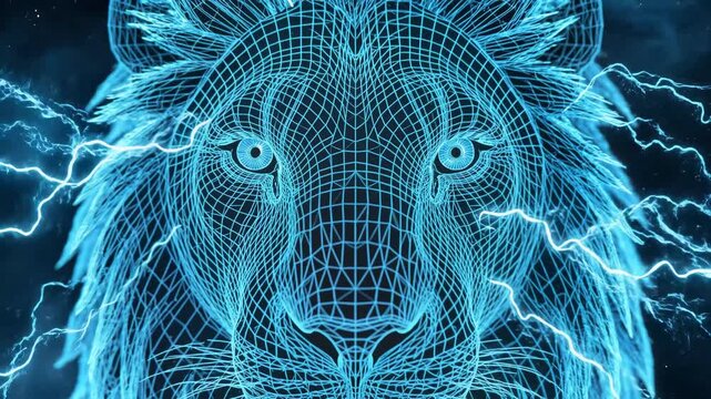 Digital Wireframe Lion Head Animation with Electric Lightning Effects for Tech Backgrounds