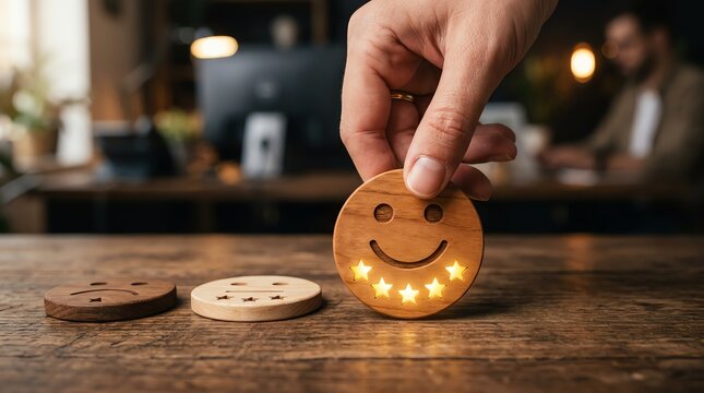 Customer feedback and satisfaction levels represented by smiley face ratings and star reviews