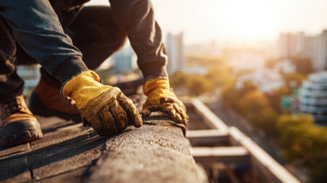 Roofer installing asphalt shingles on rooftop with city skyline background