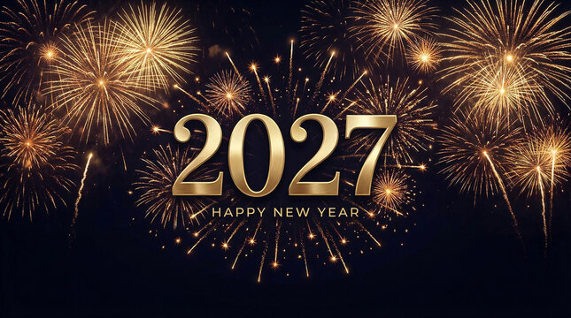Elegant golden 2027 typography surrounded by spectacular fireworks representing classic new year celebrations perfect for corporate greeting cards