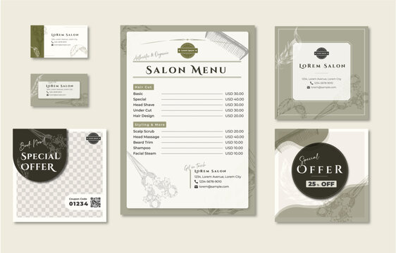 salon menu template set for price list, social post, business cards with hand-drawn illustration of scissors 