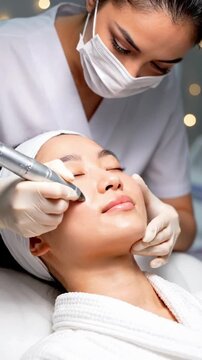 Facial treatment session with microneedling at beauty spa in the evening