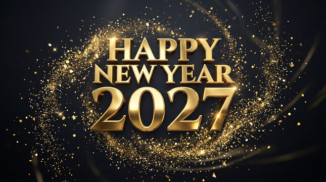 Elegant golden 2027 typography enveloped in swirling magical stardust representing energetic midnight countdowns perfect for premium party banners