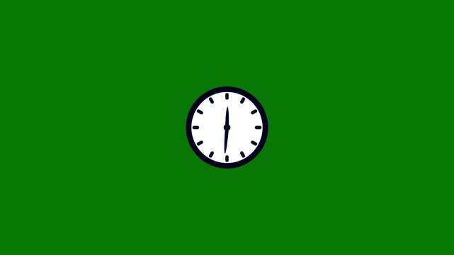 A minimalist featuring a simple analog clock face with black hands and numbers on a white dial, enclosed by a thin dark blue circular border, all centered against a vibrant, solid emerald green