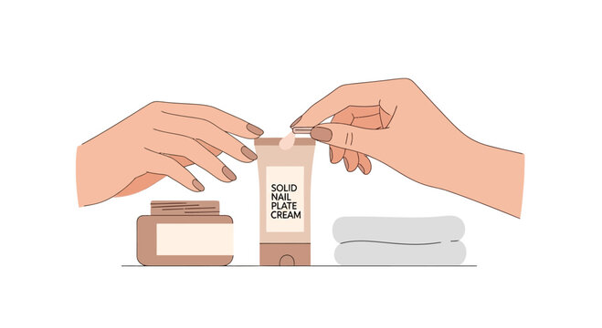 Hands applying nail plate cream from tube, jar, and towels on white background