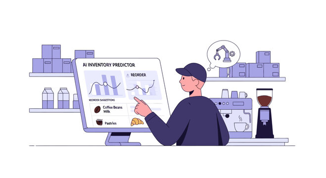 Man managing inventory on computer screen with robot arm icon, coffee shop or warehouse setting