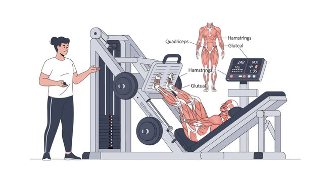Man using leg press machine with muscle diagram, fitness and workout concept