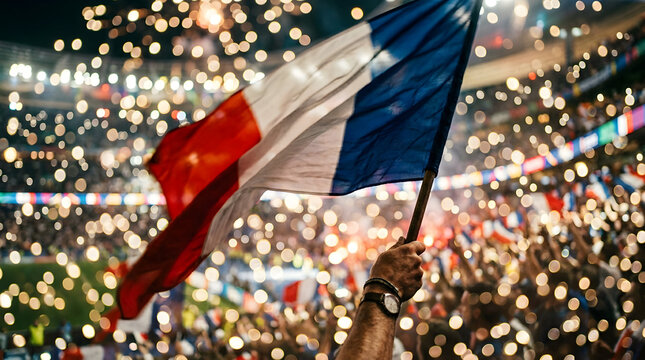 French national flag held high by a supporter in a crowded stadium at night with golden bokeh lights during a celebration of a major sports victory or national event in France.