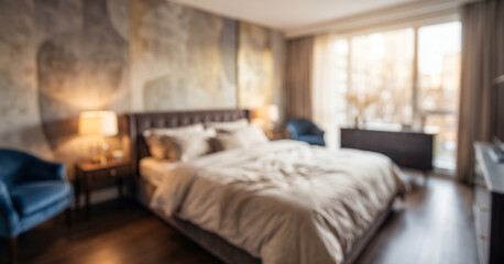 Fototapeta premium Fully blurred apartment bedroom with realistic interior environment and soft lighting. Residential background suitable for marketing applications.