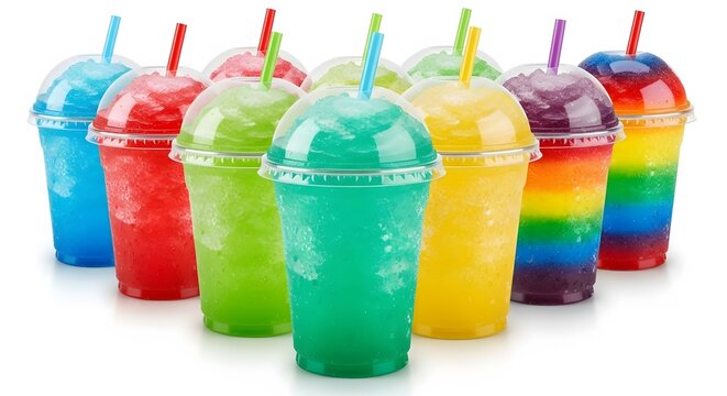 Assortment of vibrant, multi-colored slushies in transparent cups with straws, perfect for a refreshing summer treat on a white background.