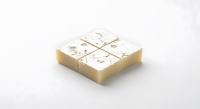 Delicious square pieces of traditional Indian sweet, Kaju Katli, adorned with edible silver leaf, isolated on a white background.