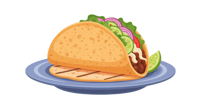 Vector illustration of a Mexican taco featuring ground beef, red onion slices, fresh lettuce, cucumber, tomato, and white sauce in a corn shell, served on a blue plate with lime.