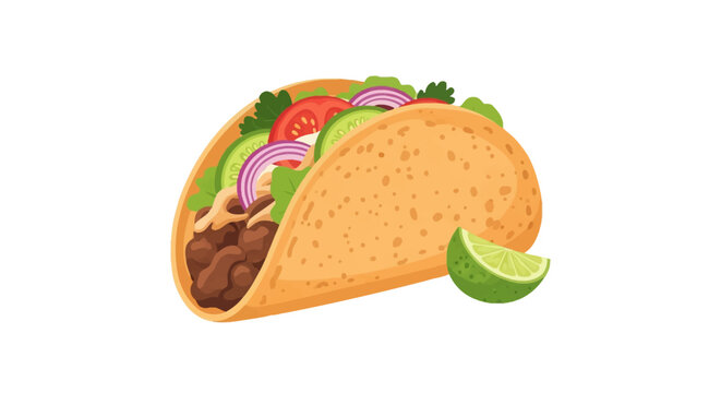 Vector illustration of a traditional Mexican taco in a crispy corn shell with beef, lettuce, tomato, red onion, and cucumber, featuring a lime wedge isolated on white background.
