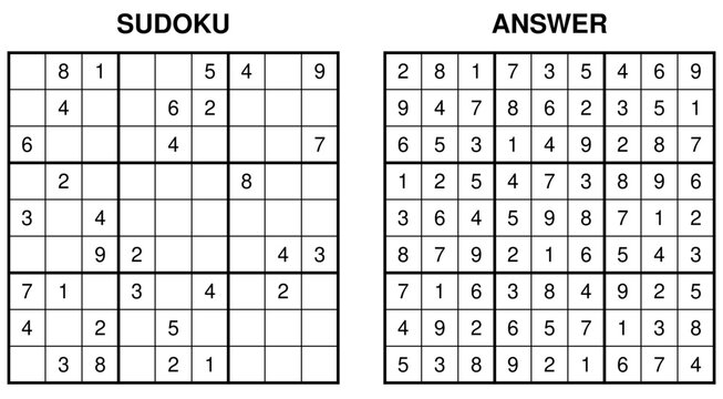 Sudoku logic puzzle and completed answer key grid set side by side on white background