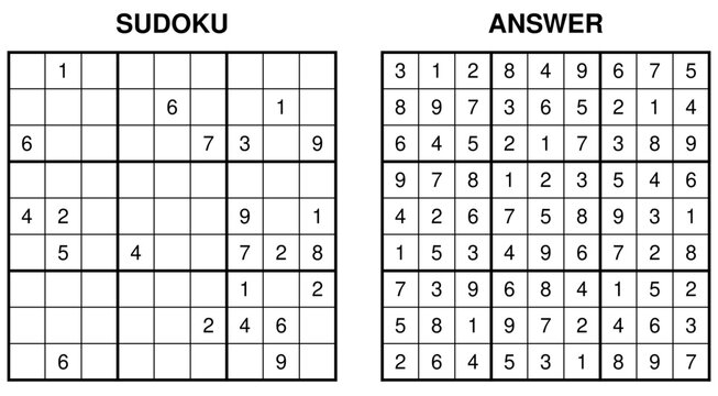 Sudoku logic puzzle grid with completed answer key side by side on white background