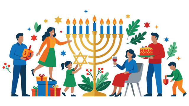 Happy jewish family celebrating hanukkah holiday gathering around traditional menorah light.