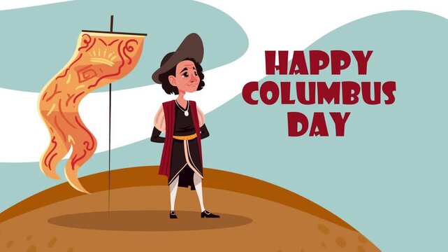 Animated character representing Christopher Columbus standing with a flag, happy Columbus Day greeting.