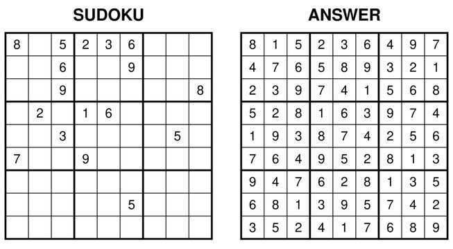 Sudoku puzzle and solved answer key grid set side by side on white background