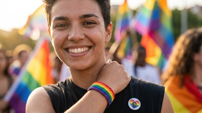Happy young nonbinary person smiling at pride parade with rainbow flags and accessories