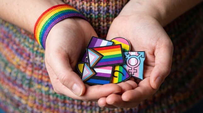 Person Holding Collection of LGBTQ Pride Pins and Badges for Activism and Awareness