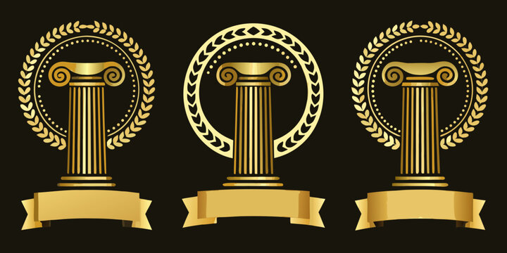 Golden laurel wreath emblems with ionic columns and ribbons