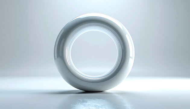 Isolated smooth white torus shape with subtle lighting and reflections, abstract geometric form on a light grey background, clean and modern