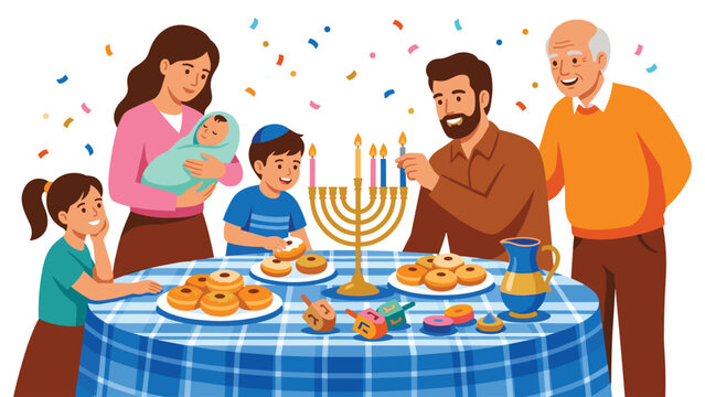 Jewish family celebrating Hanukkah with menorah, candles, donuts, and dreidels at a festive table.
