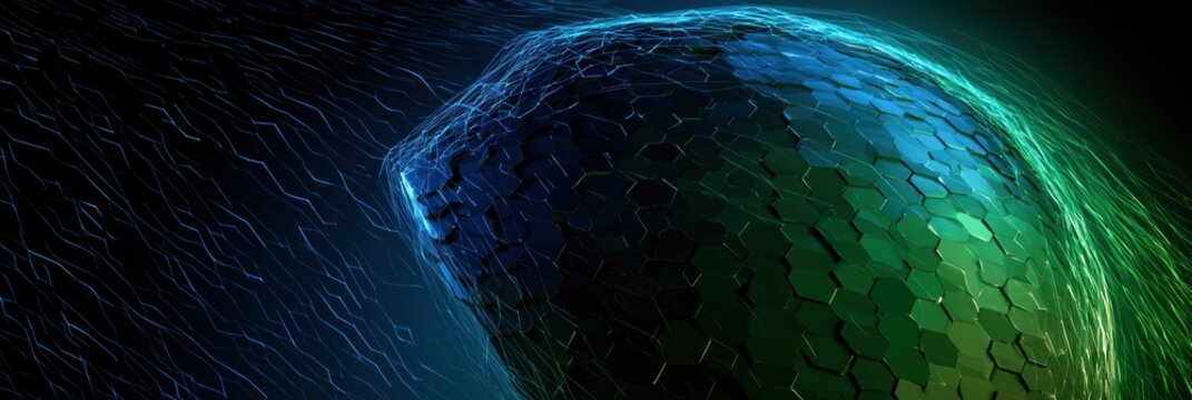 Abstract design shows a geometric shield made up of hexagonal panels with glowing data lines.