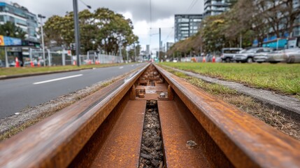 Naklejka premium Close up view of rusty train tracks alongside a city road with lush green grass
