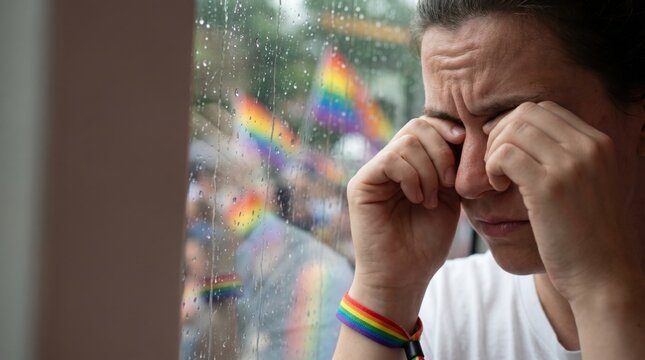 Young woman crying while looking through rainy window at pride parade celebration outside