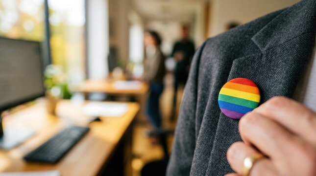 Professional man wearing a rainbow pride pin on his grey suit jacket in a modern corporate office workplace