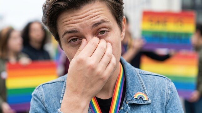 Young nonbinary person crying at pride protest holding rainbow flag signs in background